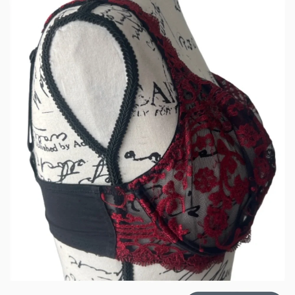Lunaire 36 DD Lace Embroidered Bra Luxurious Red Burgundy and Black‎ Underwire